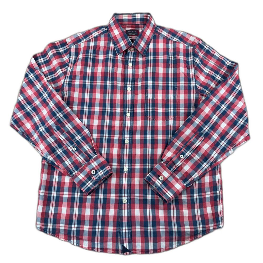UNTUCKit Men's Medium M Red White Navy Plaid Long Sleeve Button Down Shirt